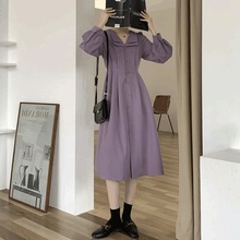 春秋法式温柔风设计感翻领紫色女2022新款收腰显瘦中长款裙柔软舒