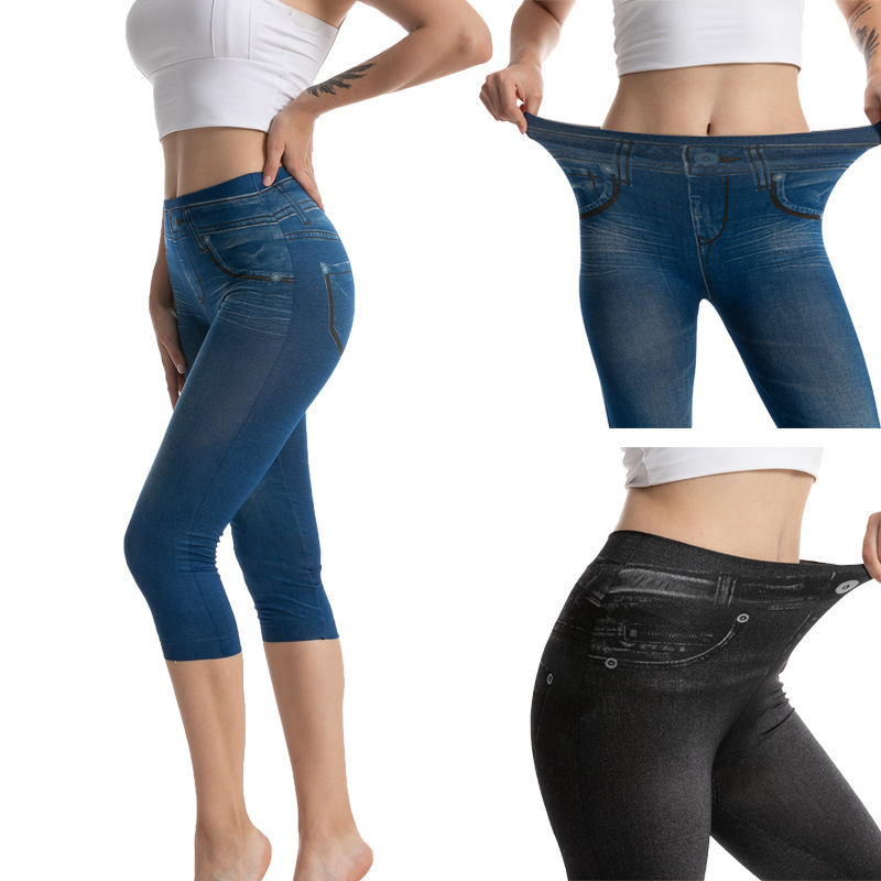 AliExpress Independent Station Imitation Denim Leggings Cropped Pants Women's High Elastic Hip Slim-Fit Tight Pants Women AliExpress Independent Station Imitation Denim Leggings Cropped Pants Women's High Elastic Hip Slim-Fit Tight Pants Women