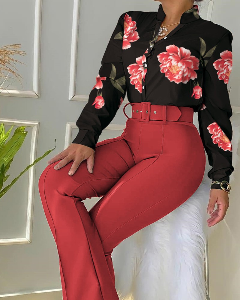 printed stand-up collar shirt and wide leg pants two-piece set nihaostyles wholesale clothing NSXPF103330