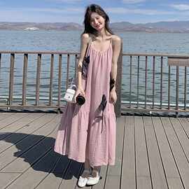 实拍粉色连衣裙2026新款女春夏亚麻度假风吊带裙多巴胺森系长裙子