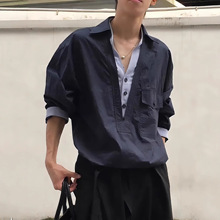 垂感套头假两件设计长袖衬衫秋季潮流深V翻领情侣装休闲上衣夹克