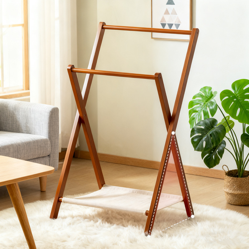 Clothes Hanger Floor-Standing Bedroom Foldable Clothes Hanger Bedside Clothes Storage Rack Simple Solid Wood Coat Rack