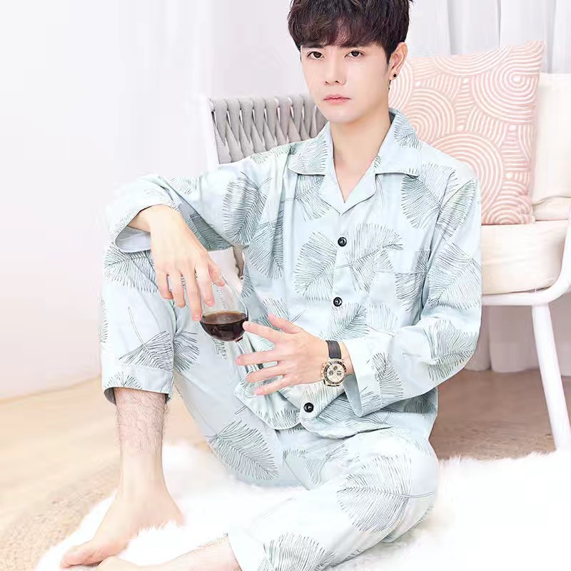 Pijamas de manga larga de los hombres de primavera y otoño de algodón cardigan casual Plaid elegante de los hombres desgaste del hogar de Otoño de algodón más traje de tamaño