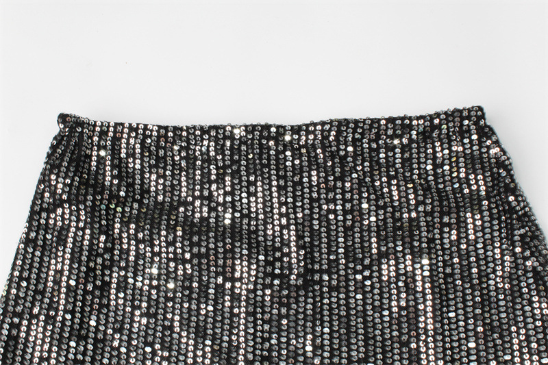 Women Clothing Autumn Sexy Cropped Backless Strap Top Sequined Slim Fit Hip Skirt Set