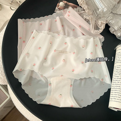 冰絲一片式內褲女士可愛草莓印花速干透氣棉檔中腰無痕三角內褲女