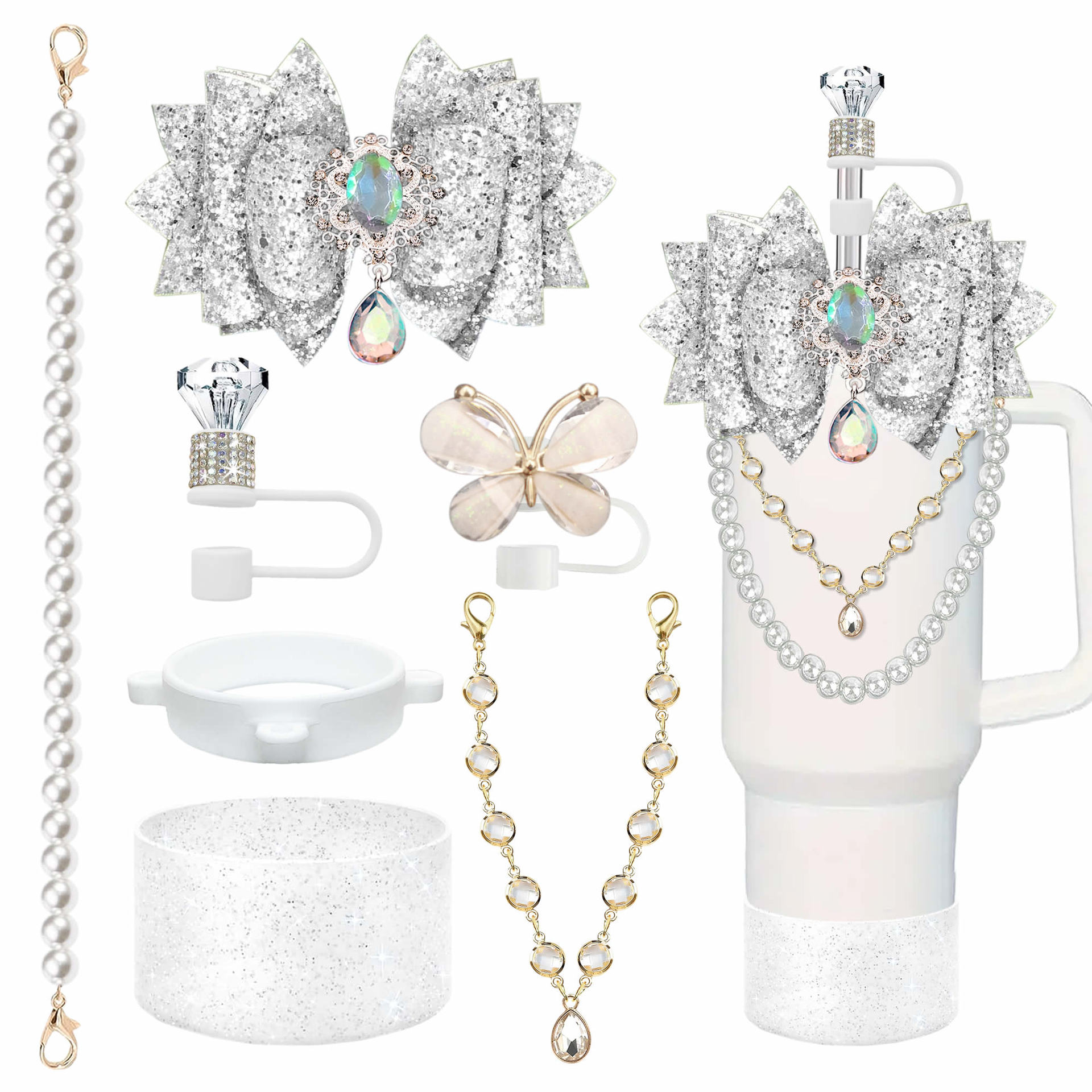Accesorios de taza Stanley colgante de cuerda de mano flor de silicona gorra de paja de peluche colgante de taza cadena de taza de color cubierta de taza
