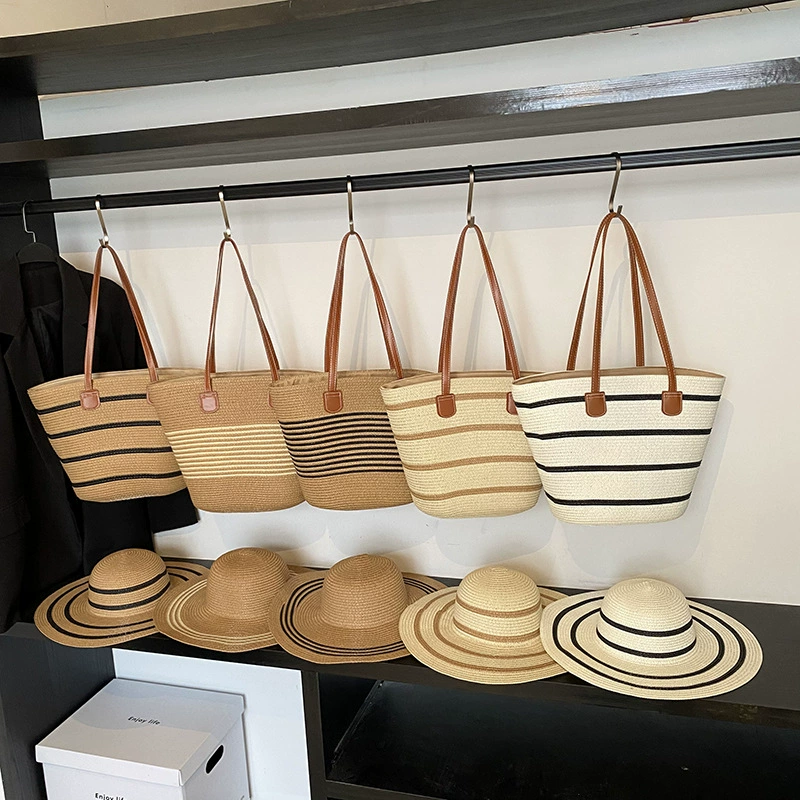 Модная полосатая тканая сумка большой вместимости в стиле морской пляжной сумки, новая темпераментная сумка-корзина для пригородных поездок