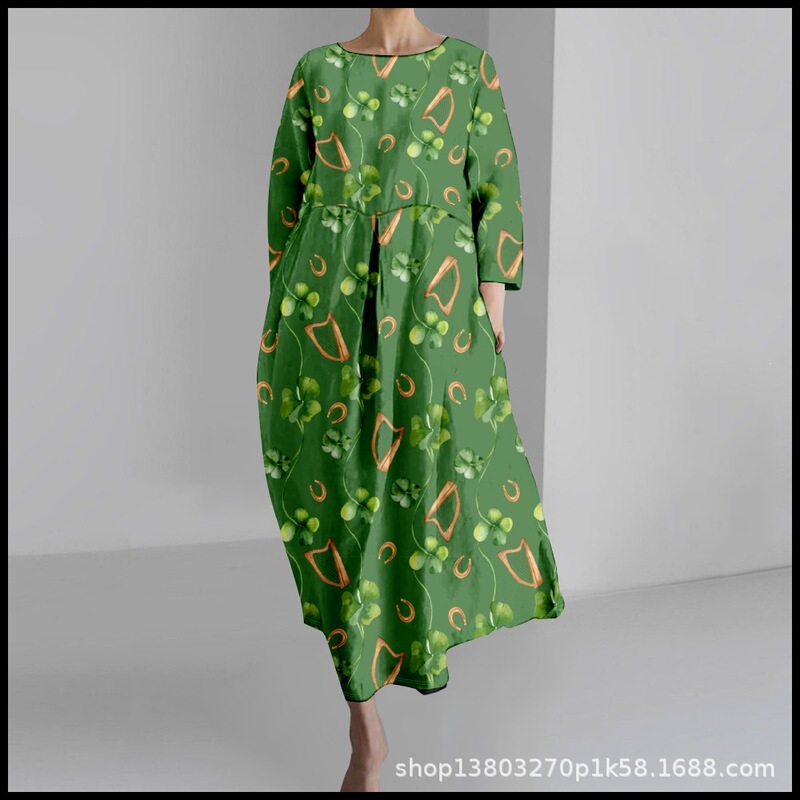 2025 Cross-Border Women's Casual Three-Quarter Sleeve Dress with St. Patrick's Theme Clover 3D Print for Summer