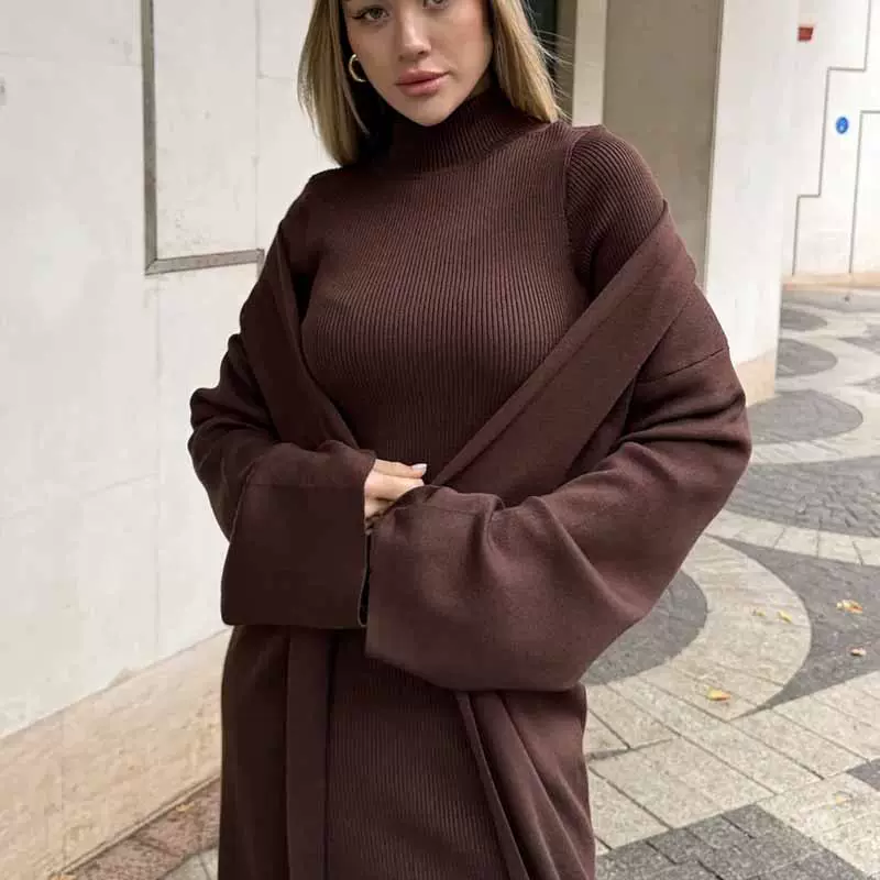 2025秋冬季新款欧美亚马逊跨境女装纯色休闲长款针织衫长裙两件套