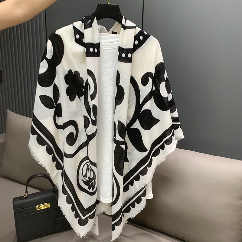 Schwarz weiß kontrast farbe kamelie elegante muster große schal für frauen design sinn, frühling und sommer sonne_voghion.com