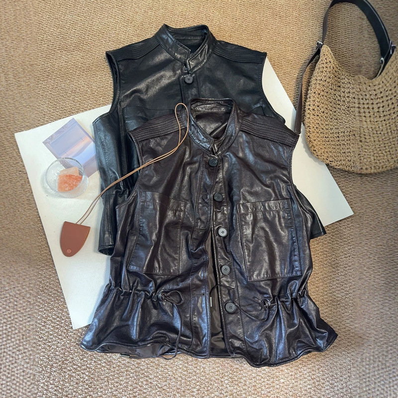 European genuine leather vest with stand-up collar, sheepskin oil-wax, waist-cinching, old money style, French-style jacket, 2026 autumn/winter new model European genuine leather vest with stand-up collar, sheepskin oil-wax, waist-cinching, old money style, French-style jacket, 2026 autumn/winter new model