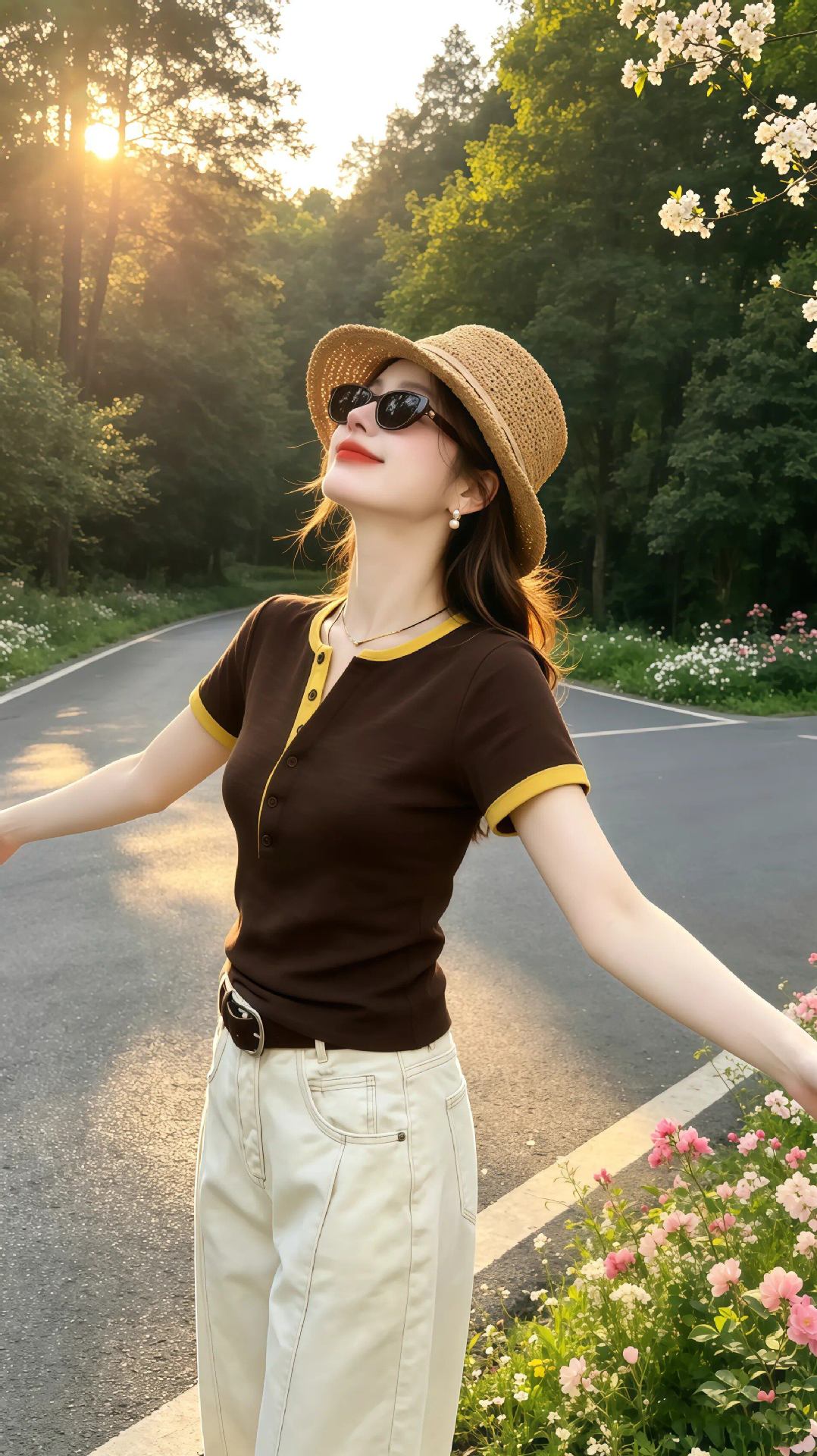 Áo thun nữ cổ tròn tay ngắn phối màu cổ bẻ, dáng ôm nhẹ, size lớn — Màu ảnh chi tiết 1