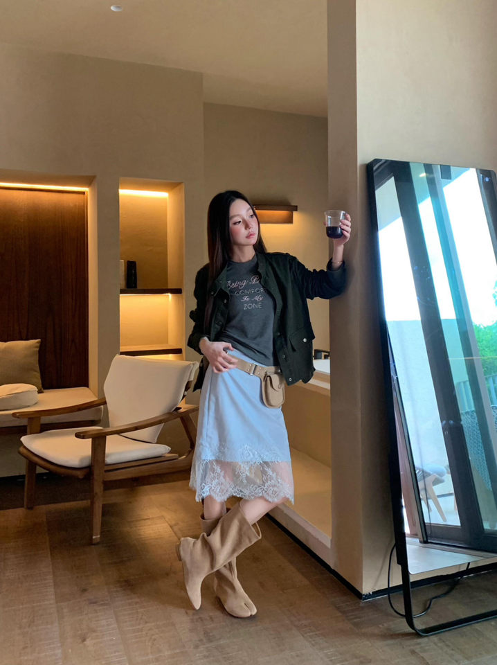 Bốt nữ cổ lửng gót thấp đế bệt xẻ ngón phong cách retro co giãn ôm chân — Màu nâu nhạt chi tiết 11