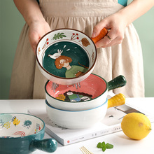 创意日式卡通手柄碗家用水果碗沙拉碗餐具可爱带把拉面碗陶瓷汤碗