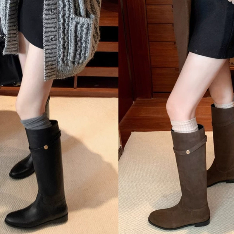 Leather high boots, Korean style, genuine leather, fitted