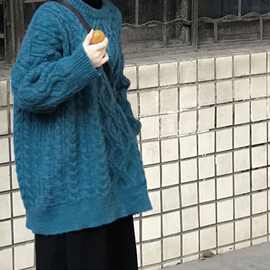 冬季韩版2025新款宽松外穿慵懒风加厚中长款圆领套头长袖毛衣女装