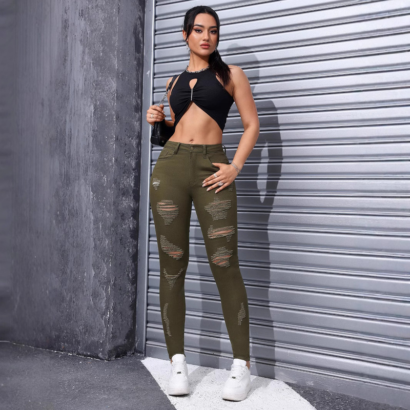 Independent Station Cross-Border European and American Knee Ripped Jeans for Women Slim Stretch Tight Leg Jeans Independent Station Cross-Border European and American Knee Ripped Jeans for Women Slim Stretch Tight Leg Jeans