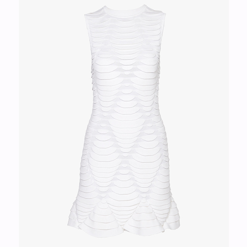 2026 Summer New Style Chanel-Inspired White Sleeveless Fish Scale Pattern Slim A-Line Short Dress Fashionable Knit Dress for Women