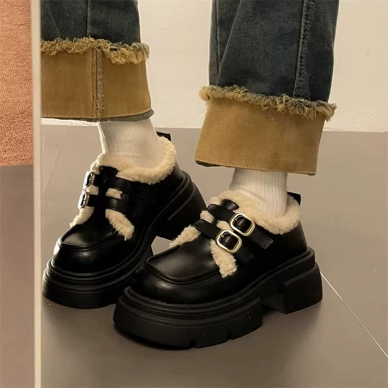 Британские ветры с толстым дном плюс бархатные кожаные туфли женские осенние и зимние 2024 новые французские дикие рафорские туфли Мэри Джейн хлопковые туфли