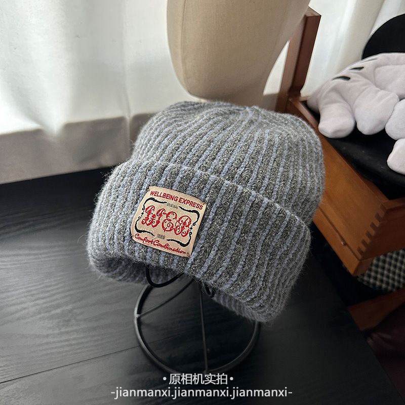 韩系ins风简约时尚百搭字母贴布毛绒帽休闲基础包头护耳保暖冷帽|undefined