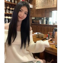 一字肩宽松个性加厚打底毛衣女秋冬新款感针织露肩上衣灰色