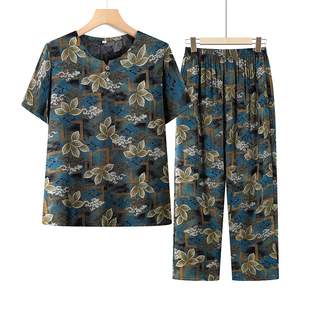 High-Quality Cotton Silk | Gift for Mom | Grandma Summer Outfit Set Middle-Aged and Elderly Women's Two-Piece Set Elderly Short-Sleeve Mom Outfit