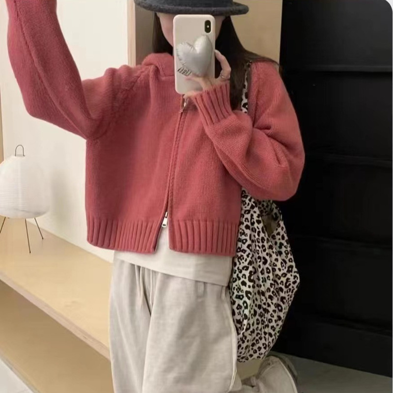 Kaning Hooded Double Zipper Sweater Jacket for Women in Autumn and Winter Lazy Style Niche Design Short Knitted Cardigan for Women