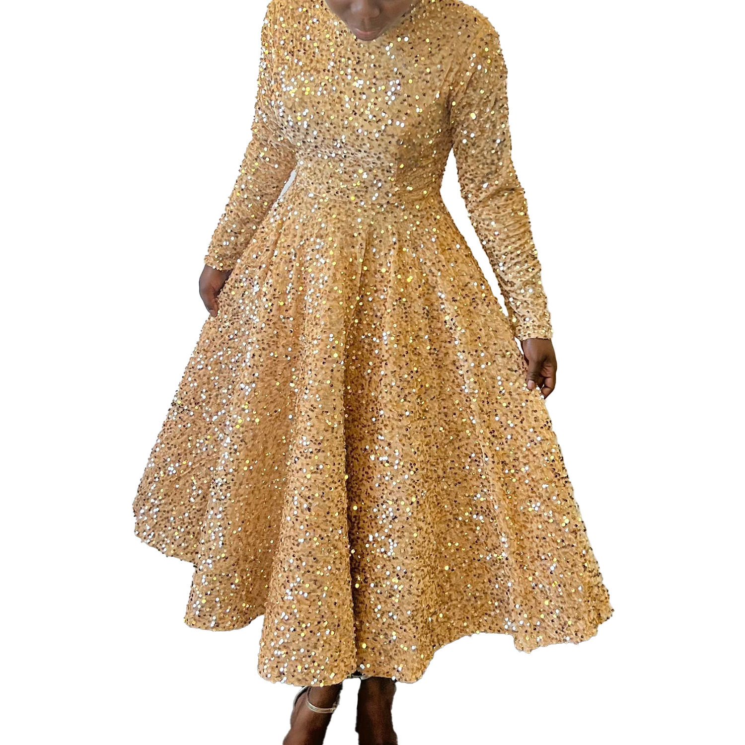 458g Weight Midi Dress Dress Length Type Long Sleeve Sleeve Length Swing Dress, Party Dress Dresses Type Regular Sleeve Sleeve Type Spandex, Polyester Fabric Type High Waist Waist Line Banquet, Evening Party Occasion Round Neck Neckline Regular Fit Fit Type Solid Color Pattern Winter, Autumn Season Women's Gender Sequins Design Elegant, Classic Style Style Wholesale Women's Elegant Classic Style Sequins Solid Color Banquet Evening Party Round Neck Long Sleeve Swing Dress Party Dress 12