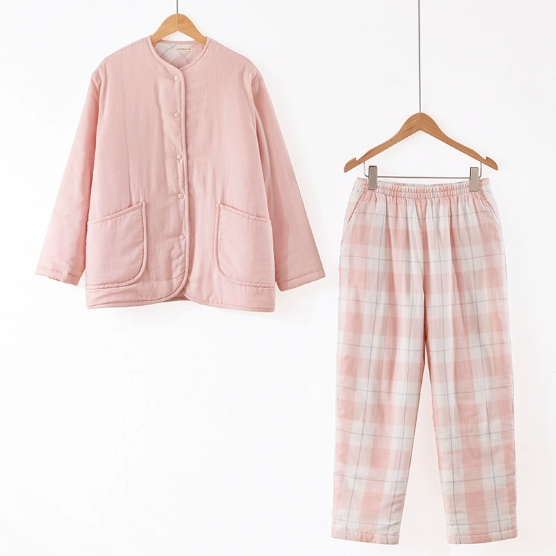 Двухслойная стеганая пижама из толстой хлопковой пряжи без принта в японском стиле, Женская однотонная мужская зимняя Домашняя одежда, одежда на хлопковой подкладке