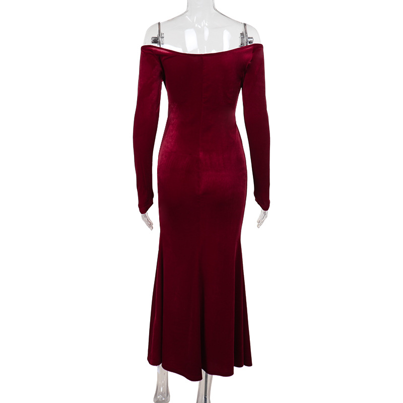 Off Shoulder Sexy High Slit Velvet Dress Women Elegant Dress