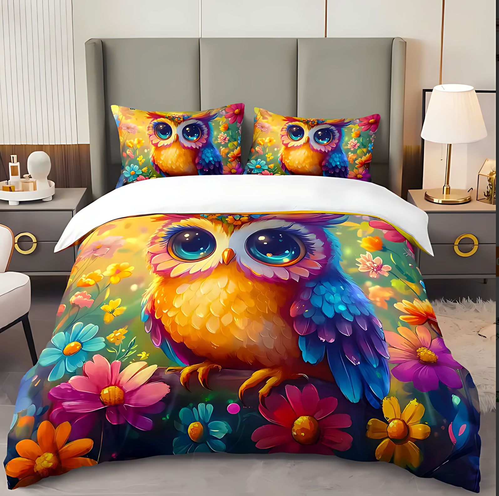 Temas de dibujos animados TEMU / JIT de comercio exterior búho impresión digital 3D cubierta de edredón con kit de cama para dibujar se puede hacer