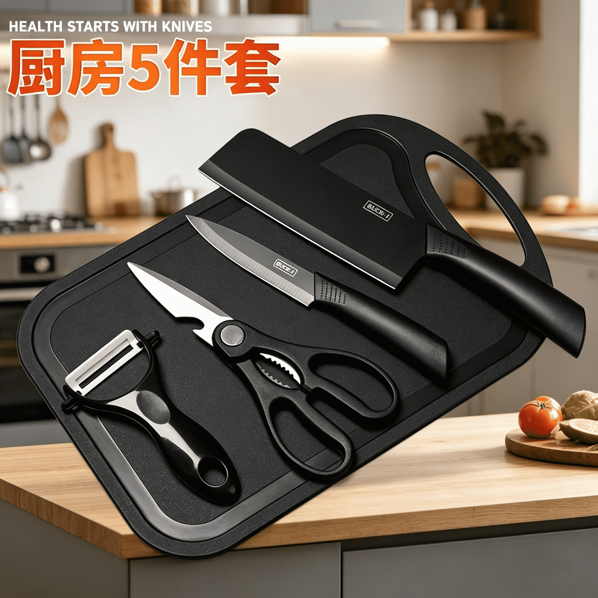 블랙 스틸 부엌 칼 가정용 주방 도구 부엌 칼 도마 블랙 스틸 칼 과일 칼 보조 식품 기숙사 도마 조합