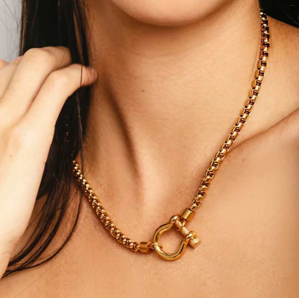 Ins Style European and American Cross-Border Horseshoe Buckle Necklace 18K Gold-Plated Stainless Steel Box Chain Women's and Men's Hypoallergenic Carabiner Necklace
