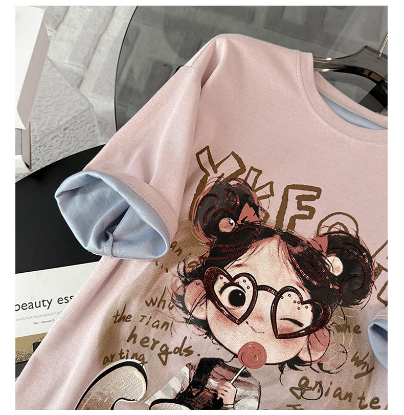 Women's Clothing Sweet Fashion Casual Suit For Women Summer New Round Neck Printed Embroidered T Shirt Loose Denim Shorts Two Piece Suit Trendy_ecoleips.com