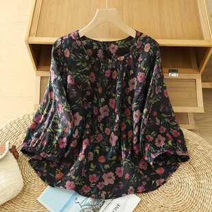 Real Shot of Ramie Shirt Women's 2025 Summer New Retro Floral Loose Mid-Sleeve Top