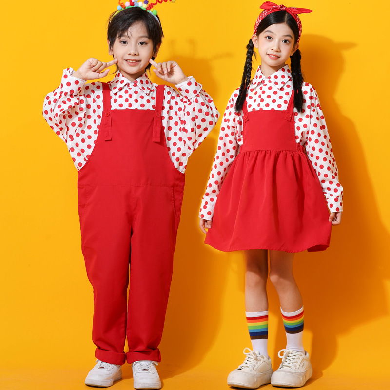 Children's costume cute red suspenders kindergarten boys and girls performance costume 90 s retro Hong Kong style