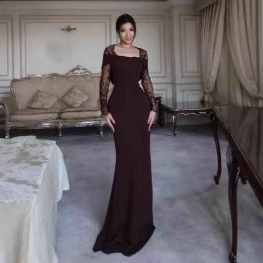 Spring 2026 European and American Amazon Cross-Border Foreign Trade New Style Elegant Solid Color Evening Dress Long-Sleeve Slim-Fit Dress