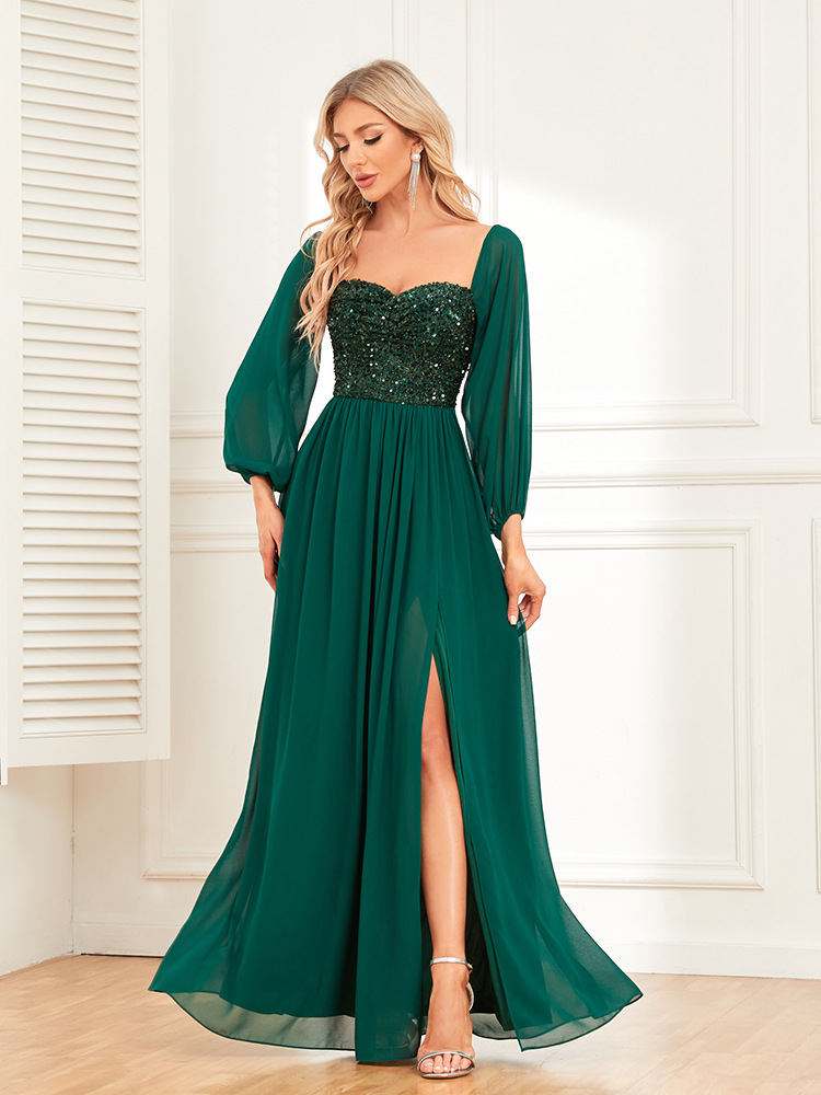 Elegante multi-desgaste fuera del hombro vestido de encaje de hendidura alta totalmente forrado lentejuelas costura gasa Vestido de manga larga