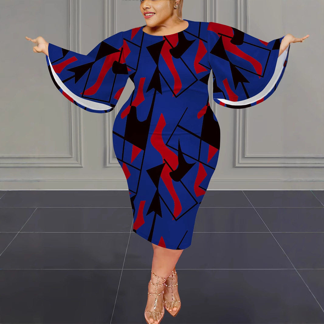 Flowy Bell Sleeve Midi Dress With All-Over Print, Plus Size A-Line Dress For Women, Elegant Casual Milk Touch Fabric Dress For Spring Autumn_ecoleips.com