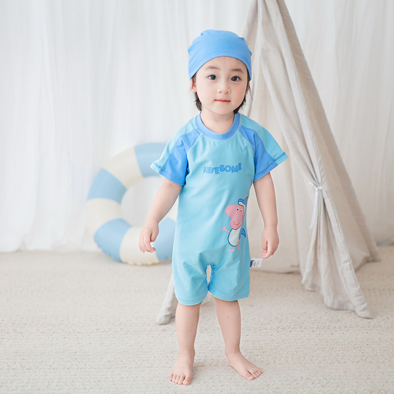 儿童泳衣夏季中小童防晒沙滩服夏装游泳衣1-3岁宝宝连体泳装+泳帽