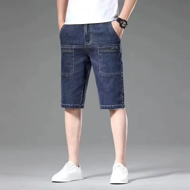 Мужские летние тонкие эластичные повседневные джинсовые шорты, прямые шорты средней длины, новый стиль стирки.