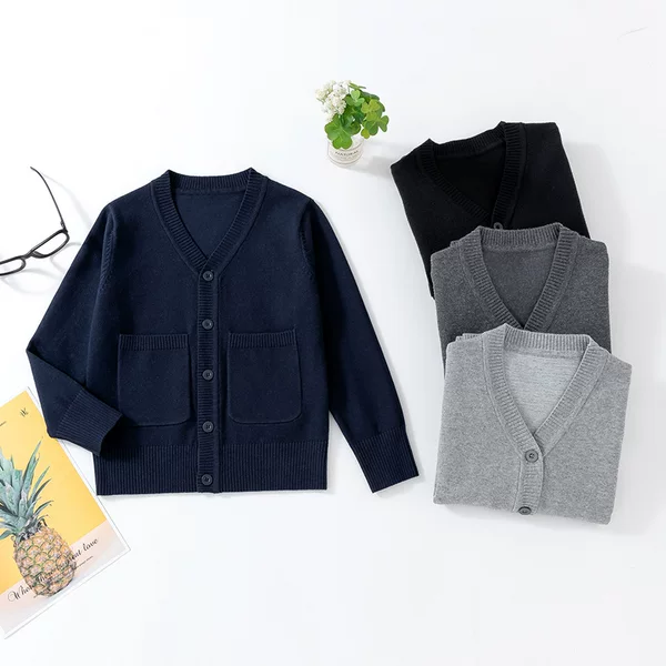 New Cross-Border Autumn and Winter Single-Breasted Long-Sleeve Solid Color Cardigan for Older Boys, College Style V-Neck Sweater, School Uniform Wholesale