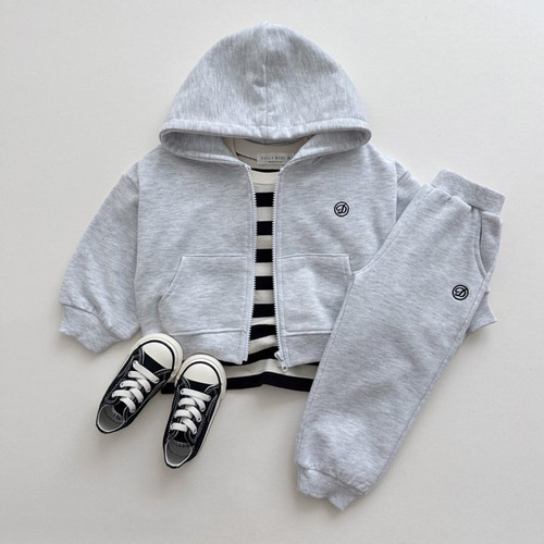 Korean children's clothing set, unisex zipper pullover hoodie and pants two-piece set for small children