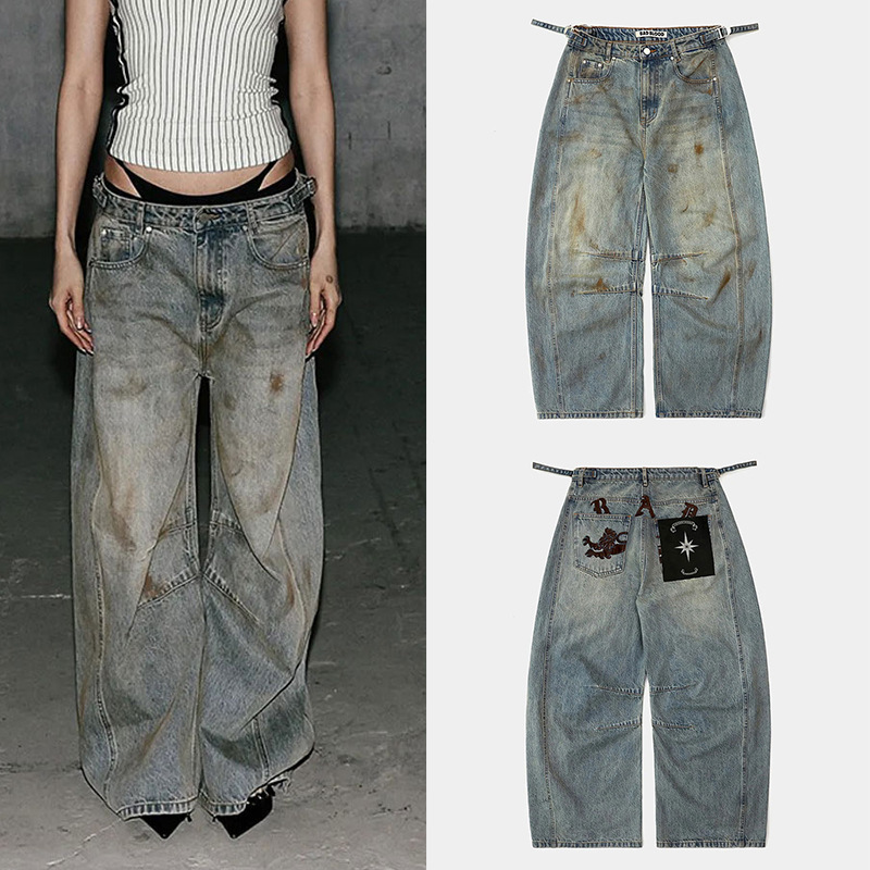 Badblood Bcac Series American Sexy Distressed Jeans Women's Niche Casual Scimitar Pants Wide-Leg Pants