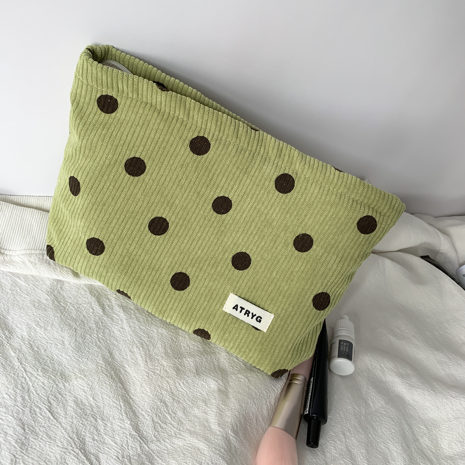 Bolsa de cosméticos de pana de lunares de lona transfronteriza, almacenamiento de cara sonriente, bolso de mano de lavado, llave, billetera móvil, estuche para lápices