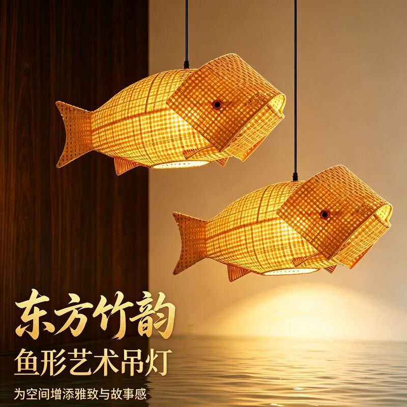 Bamboo woven fish-shaped pendant light, new Chinese style, suitable for restaurants, fish restaurants, hotel private rooms, guesthouses, and tea rooms; retro woven art lighting fixture Bamboo woven fish-shaped pendant light, new Chinese style, suitable for restaurants, fish restaurants, hotel private rooms, guesthouses, and tea rooms; retro woven art lighting fixture