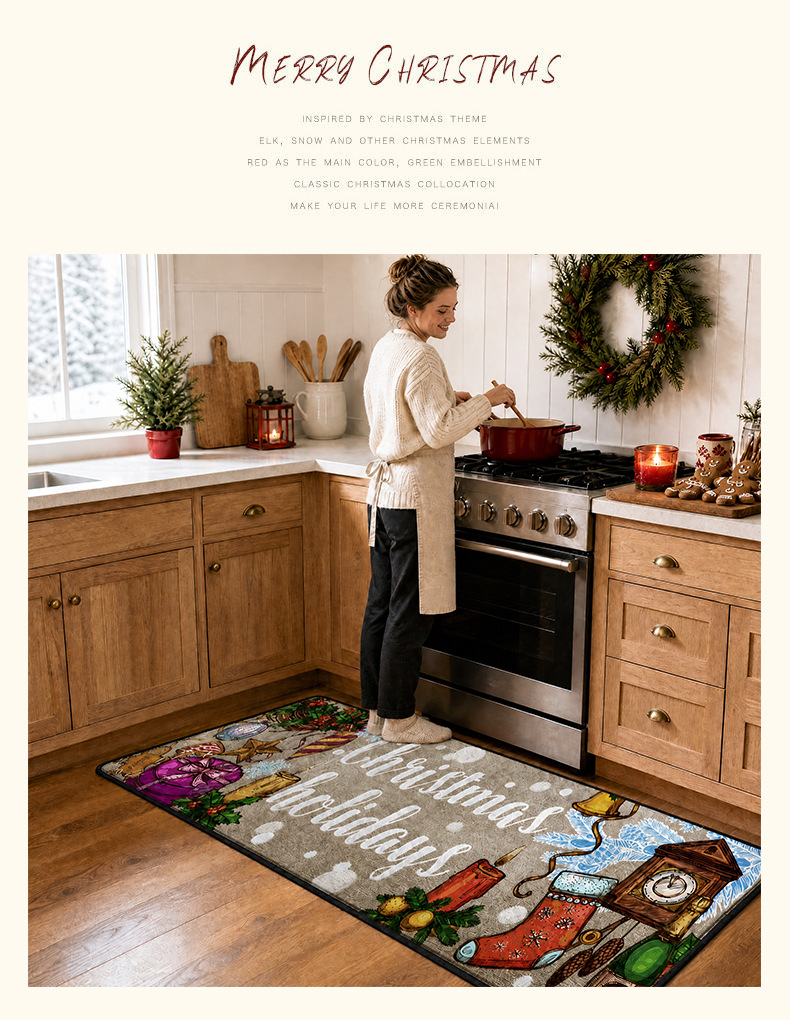 Cross-border Christmas kitchen floor mat two-piece set, festive atmosphere decorative carpet, water-absorbent, non-slip, dirt-resistant long strip foot mat