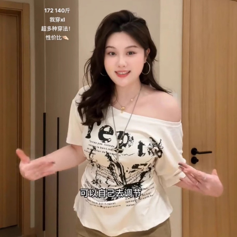 Summer plus size Women's chubby girl Loose Slimming Shoulder Bow Print Short-sleeved T-shirt Women's Korean-style Lazy Top