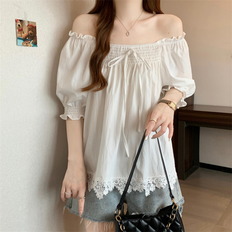 Plus-Size French-Style Lace-Up Ruched Puff Short-Sleeve Shirt for Women, Summer Lace-Trimmed Sweet Babydoll Top