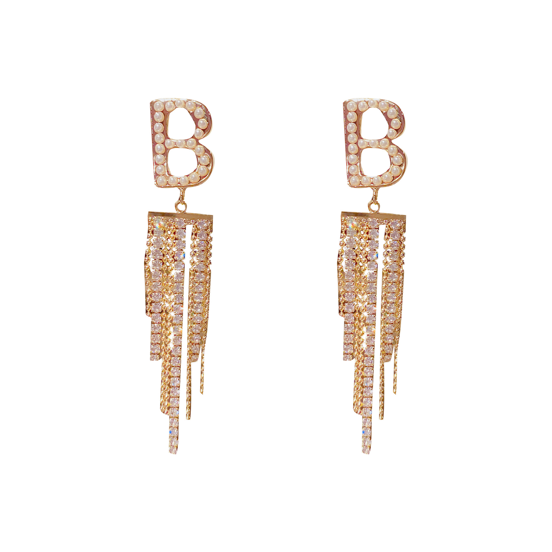 Real Gold Plating Sterling Silver Needle Full Diamond Super Shiny Long Tassel Letter B Versatile Personality Elegant Pearl Earrings display picture 5